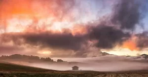 Alpe Di Siusi Collection: Colors of sunrise illuminates fog with a hut and a cow in silhouette