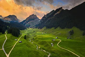 Colourful sunrise in the valley, Canton of Appenzell, Alpstein, Switzerland, Europe Colourful sunrise in the valley, Canton of Appenzell, Alpstein, Switzerland, Europe