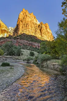 Court of Patriarchs reflecting in Virgin River, Zion National Park, Colorado Plateau Court of Patriarchs reflecting in Virgin River, Zion National Park, Colorado Plateau