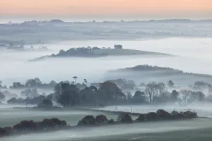 Dawn mist around Windmill Hill near Alvediston, Cranborne Chase, Wiltshire, England, UK Dawn mist around Windmill Hill near Alvediston, Cranborne Chase, Wiltshire, England, UK