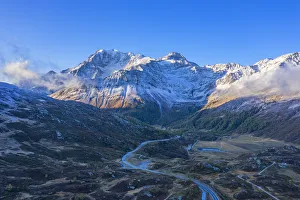 Early morning aerial view on Simplon pass and Fletschhorn, Valais, Switzerland Early morning aerial view on Simplon pass and Fletschhorn, Valais, Switzerland