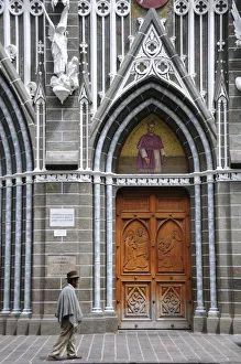 Elderly man walking outside the Santuario de las Lajas, Las Lajas, Colombia, South Elderly man walking outside the Santuario de las Lajas, Las Lajas, Colombia, South