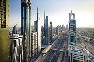 Elevated view over the modern Skyscrapers along Sheikh Zayed Road looking towards Elevated view over the modern Skyscrapers along Sheikh Zayed Road looking towards