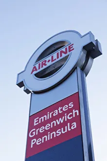 England, London, Emirates Greenwich Peninsula Thames Cable Car Station Sign England, London, Emirates Greenwich Peninsula Thames Cable Car Station Sign