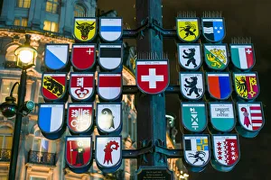Prints of England, London, Soho, Leicester Square, Swiss canton shields Leicester Prints: AWL Print: Leicester Square Swiss Shields