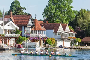 England, Oxfordshire, Henley-on-Thames, Boathouses and Rowers on River Thames England, Oxfordshire, Henley-on-Thames, Boathouses and Rowers on River Thames
