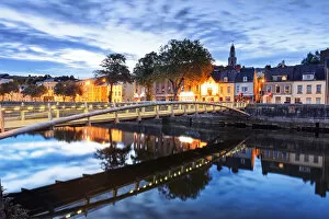 Images Dated 10th October 2017: Europe, Ireland, Cork by night with colored houses reflecting on Lee river
