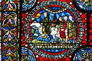 Prints of Europe, United Kingdom, England, Kent, Canterbury, medieval stained glass in the cathedral depicting pilgrims on the way to Canterbury Canterbury Prints: Medieval Pilgrims Print, Canterbury Cathedral Stained Glass