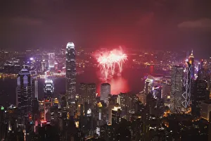 Fireworks in Victoria Harbour on National Day, Hong Kong, China Fireworks in Victoria Harbour on National Day, Hong Kong, China