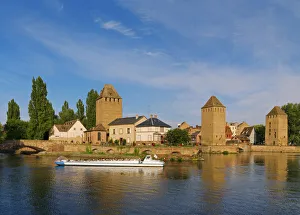 France, Alsace, Strasbourg, Pont couverts, Tourist boat France, Alsace, Strasbourg, Pont couverts, Tourist boat