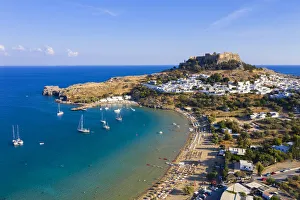Greece, Rhodes, Lindos Acropolis and Megali Paralia Beach Greece, Rhodes, Lindos Acropolis and Megali Paralia Beach