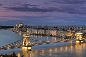 Hungary, Budapest, Parliament Buildings, Chain Bridge and River Danube Hungary, Budapest, Parliament Buildings, Chain Bridge and River Danube