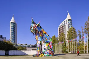 The Iberian lynx on display in the Parque das Nacoes garden, made from trash The Iberian lynx on display in the Parque das Nacoes garden, made from trash