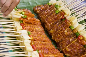 Kebabs, skewered meat for barbecue on street stall, Bangkok, Thailand Kebabs, skewered meat for barbecue on street stall, Bangkok, Thailand