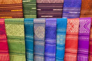 Laos, Luang Prabang, Ban Xang Hai Village, Display of Souvenir Silk Scarfs Laos, Luang Prabang, Ban Xang Hai Village, Display of Souvenir Silk Scarfs