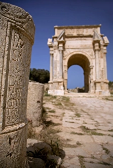 Libya; Tripolitania; Khums; An inscription on a stone and the Arch of Septimius Severus Libya; Tripolitania; Khums; An inscription on a stone and the Arch of Septimius Severus