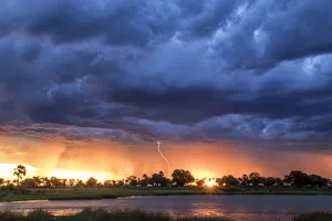 Lightning shoots from a summer thunderstorm as the sun sets behind it, Okavango Delta Lightning shoots from a summer thunderstorm as the sun sets behind it, Okavango Delta