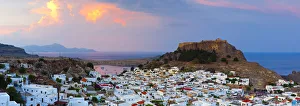 Lindos Acropolis & Village illuminated at Dusk, Lindos, Rhodes, Greece Lindos Acropolis & Village illuminated at Dusk, Lindos, Rhodes, Greece