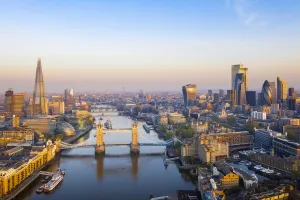 Prints of Sunrise looking down the river Thames to Tower Bridge, the Shard and city, London, England, UK Tower Prints: London Sunrise Print: Thames River View