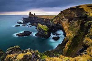 Icelandic Basalt Formations Prints: Londrangar basalt cliffs at sunset