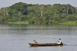 Man and his dog in a dugout canoe crossing the Amazon River, near Puerto Narino, Colombia Man and his dog in a dugout canoe crossing the Amazon River, near Puerto Narino, Colombia