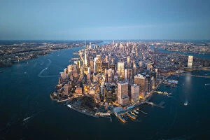 America Collection: Manhattan, New York City, USA. Aerial view of Lower Manhattan at dusk