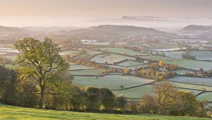 Misty Glastonbury Tor and the Somerset Levels from the Mendip Hills, Somerset, England Misty Glastonbury Tor and the Somerset Levels from the Mendip Hills, Somerset, England