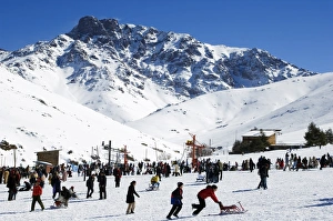 Morocco High Atlas Oukaimeden Ski Resort Skiers on Piste Morocco High Atlas Oukaimeden Ski Resort Skiers on Piste