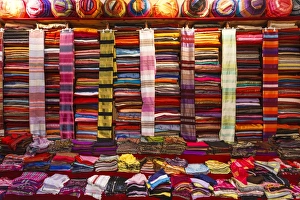 Morocco, Marrakech, Textiles and fabrics in a souk Morocco, Marrakech, Textiles and fabrics in a souk