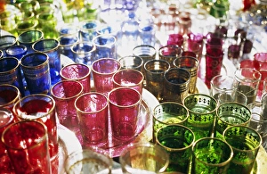 MOROCCO, Marrakesh Colourful Moroccan glassware in the souqs of Marrakesh MOROCCO, Marrakesh Colourful Moroccan glassware in the souqs of Marrakesh