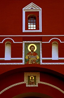 Moscow, Russia; An icon displayed on the Voskresensky Vorota (Resurrection Gate) just upon entering Red Moscow, Russia; An icon displayed on the Voskresensky Vorota (Resurrection Gate) just upon entering Red