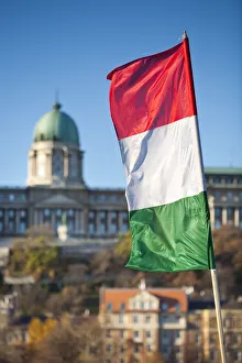 National Flag & Royal Palace, Budapest, Hungary National Flag & Royal Palace, Budapest, Hungary