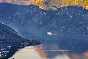Norway, Western Fjords, Aurland Fjord, Overview of Cruise ship in fjord Norway, Western Fjords, Aurland Fjord, Overview of Cruise ship in fjord