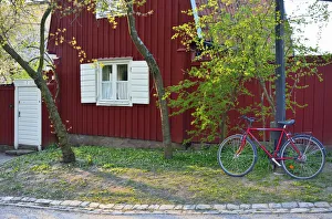 Scandinavian Traditional Architecture Prints: The old and peaceful backstreets of Sodermalm, with traditional wooden houses. Stockholm