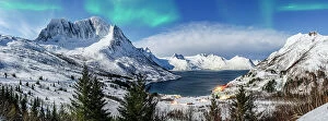 Q3 2023 Collection: Panoramic of snowy mountains and cold sea under the Northern Lights, Mefjorden, Senja