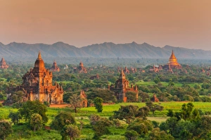 Panoramic view at sunset over the ancient temples and pagodas, Bagan, Myanmar or Burma Panoramic view at sunset over the ancient temples and pagodas, Bagan, Myanmar or Burma
