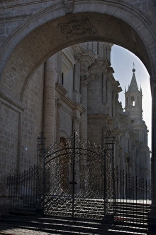 Peru, Arequipa Cathedral dominates the square, Plaza de Armas. Built with sillar Peru, Arequipa Cathedral dominates the square, Plaza de Armas. Built with sillar