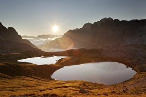 Piani lakes, Sexten Dolomites natural park, Veneto, Italy. Sunrise on the Piani lakes Piani lakes, Sexten Dolomites natural park, Veneto, Italy. Sunrise on the Piani lakes