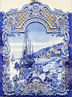 Portuguese traditional blue tiles (1932). Santarem market, Portugal Portuguese traditional blue tiles (1932). Santarem market, Portugal