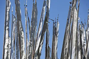 Prayer flags on poles on a hillside in Bumthang, Bhutan Prayer flags on poles on a hillside in Bumthang, Bhutan