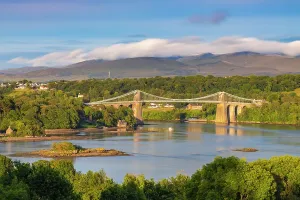 UK Landmarks Prints: Menai Suspension Bridge at sunset