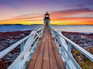 New England Coastal Scenes Prints: Sunset at Marshall Point Lighthouse, Gulf of Maine, Clyde Maine, New England, USA