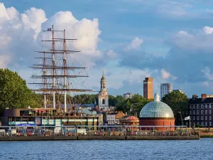 Print of Sunset View over River Thames featuring Cutty Sark and St Alfege Church
