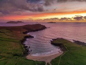 Prints of Aerial View Over Clogher Strand at Sunset, Dingle Peninsula, County Kerry, Ireland County Tyrone Prints: Aerial View Over Clogher Strand at Sunset, Dingle Peninsula Print