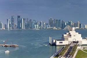 Qatar, Doha, Elevated view over the Museum of Islamic Art and the Dhow harbour to Qatar, Doha, Elevated view over the Museum of Islamic Art and the Dhow harbour to