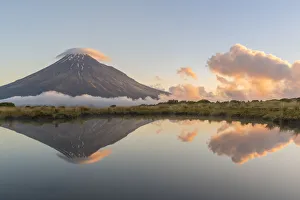Mount Taranaki Reflection Prints: Reflection of Mount Taranaki at sunset. Egmont National Park, New Plymouth district
