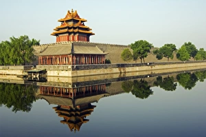 Beijing Tourist Attractions Map Prints: A reflection of a Palace Wall Tower surrounded by