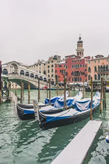 Prints of Rialto bridge, Venice, Veneto, Italy. Gondolas with snow Bridge Prints: Rialto Bridge Print with Gondolas in Snow, Venice