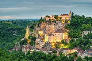 Rocamadour, pilgrimage town along El Camino de Santiago at dusk, Lot Department Rocamadour, pilgrimage town along El Camino de Santiago at dusk, Lot Department
