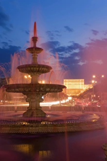 Prints of Romania, Bucharest, Piata Unirii, Piata Unirii Fountain and Palace of Parliament Romania, Bucharest, Piata Unirii, Piata Unirii Fountain and Palace of Parliament Europe, Romania, Bucharest Palace Prints: Romania Print: Bucharest Nighttime Scene